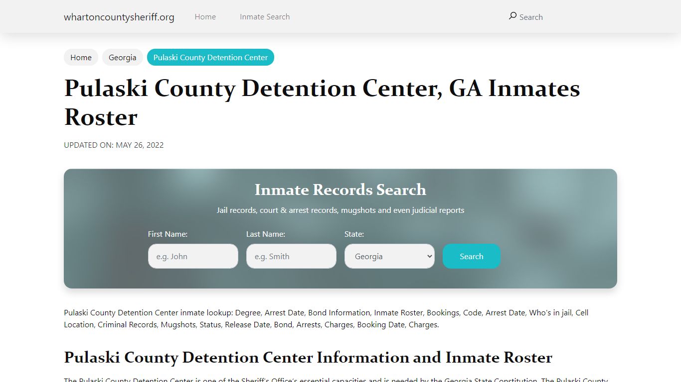 Pulaski County Detention Center, GA Jail Roster, Name Search